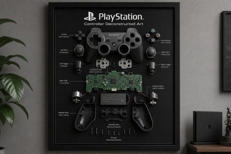 Abiye kardeşe hediye — PlayStation kumandası parçalarından oyun temalı çerçeveli tablo