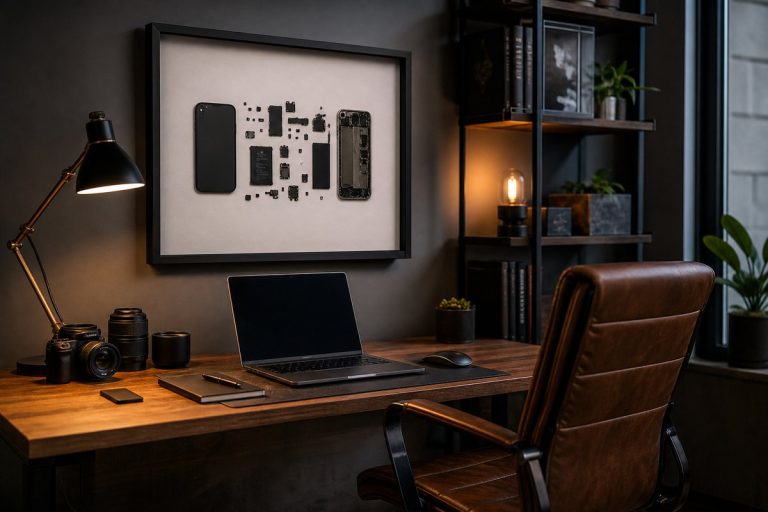 Erkeğe özel teknoloji hediyesi — ofis duvarında çerçeveli teardown tablo