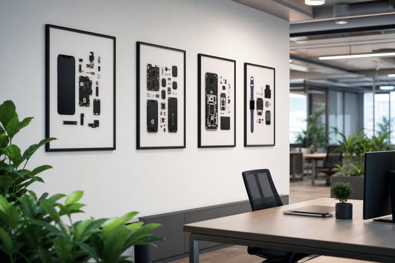 Ofis duvar dekorasyonu — teknoloji temalı çerçeveli parça tabloları