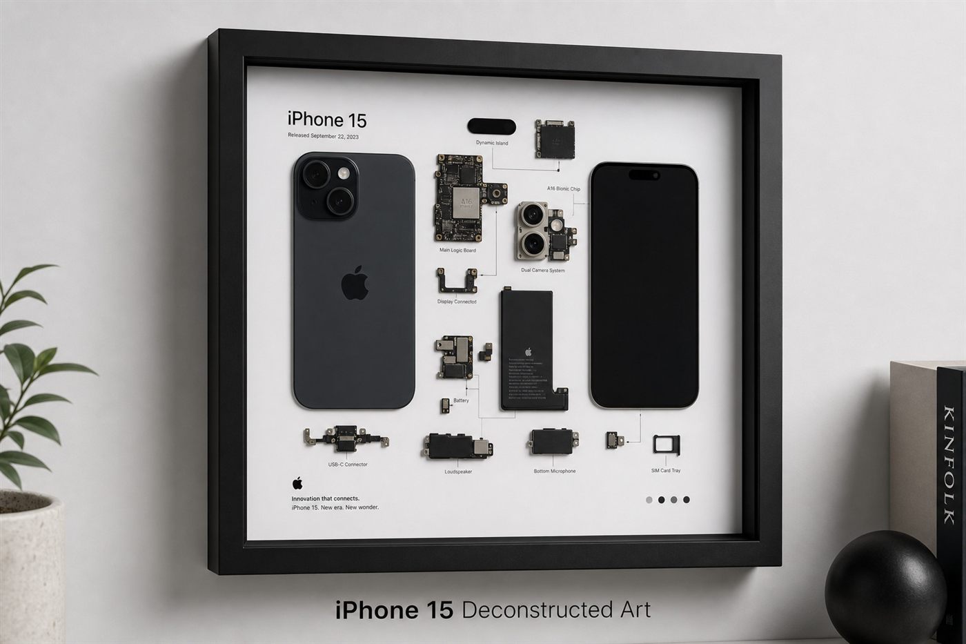 Teknolojik hediye — iPhone parçalarından çerçeveli el yapımı duvar tablosu