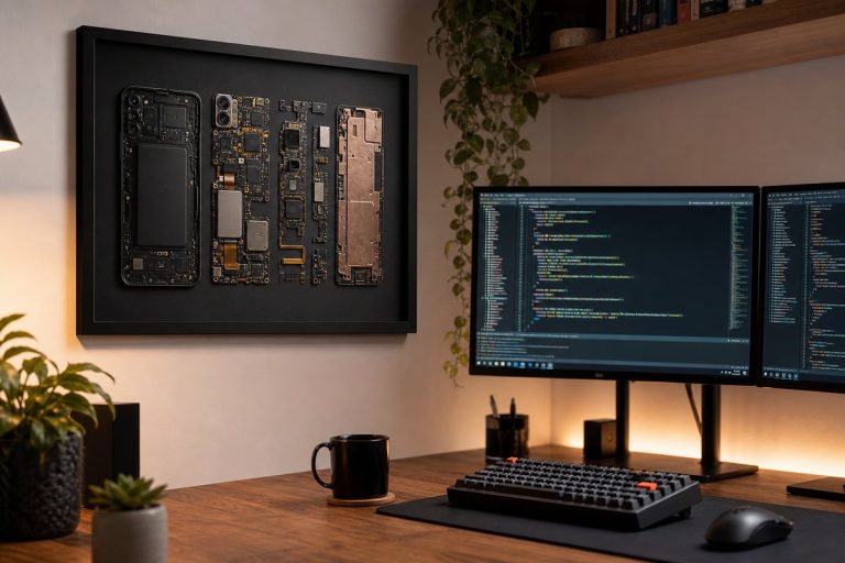 Yazılımcıya hediye — geliştirici masasında çerçeveli telefon parçaları tablosu