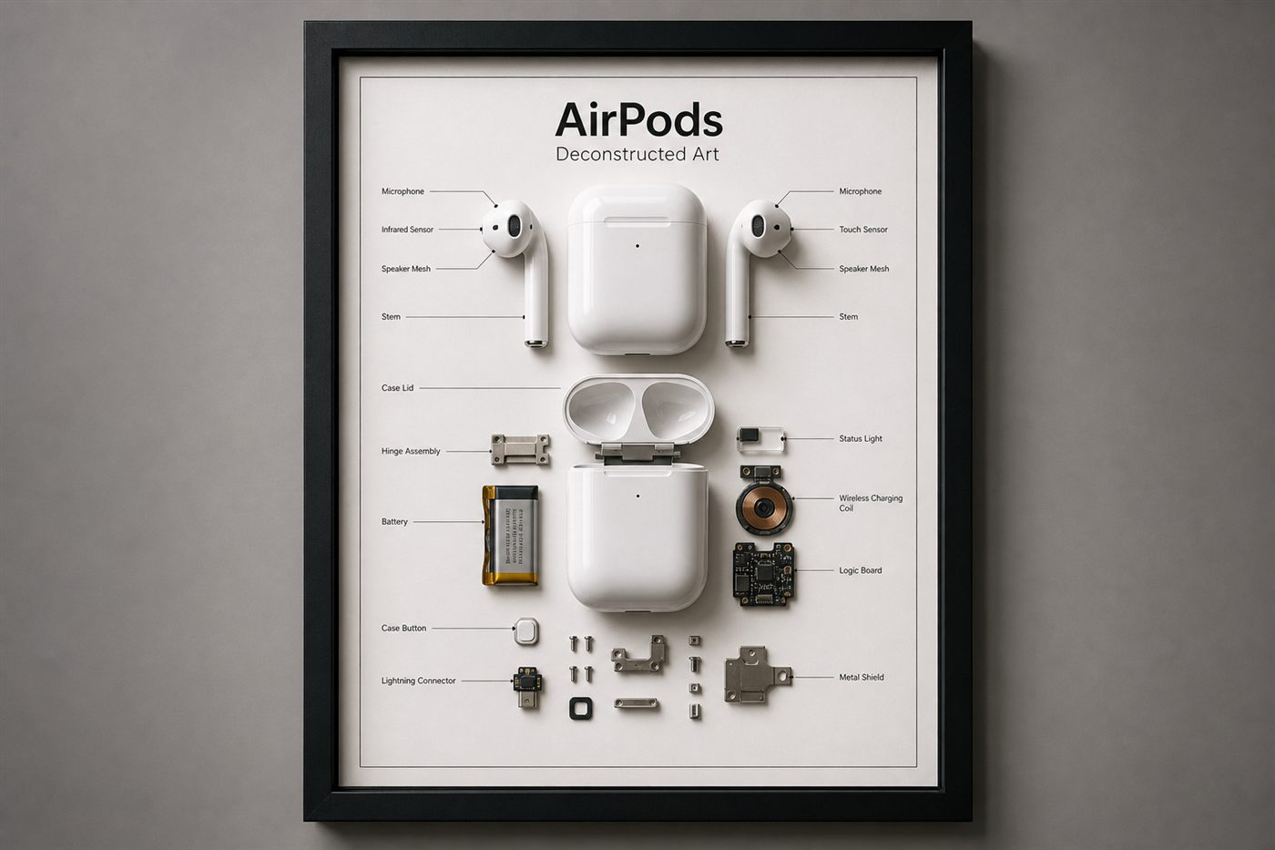 AirPods Teardown Çerçeve — Ana AirPods Teardown parçalarından el yapımı duvar tablosu