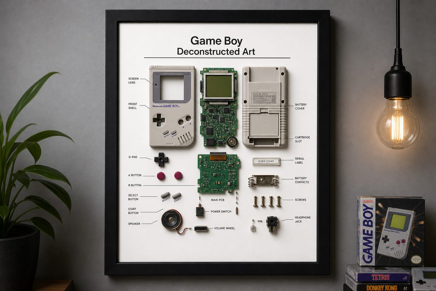 Game Boy Teardown Çerçeve — Ana Game Boy parçalarından nostalji duvar tablosu