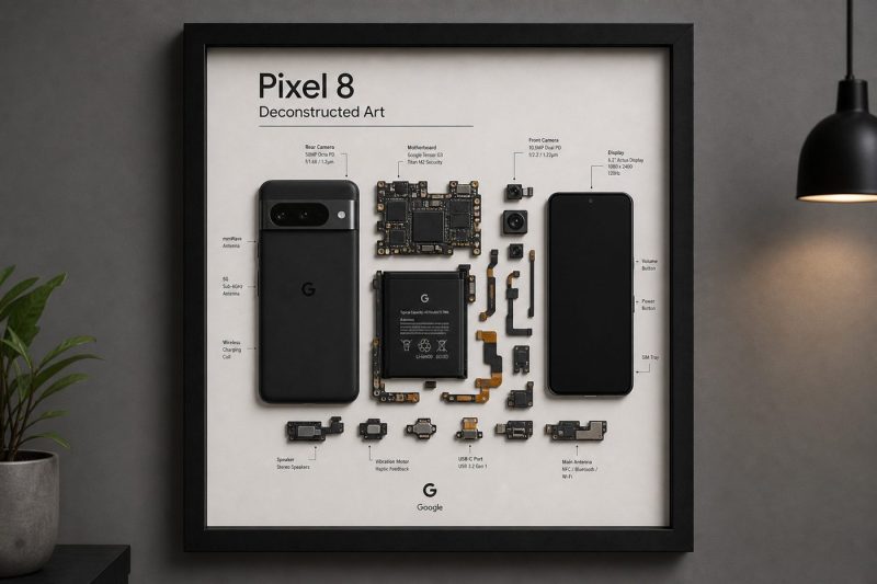 Google Pixel 8 Teardown parçalarından el yapımı duvar tablosu