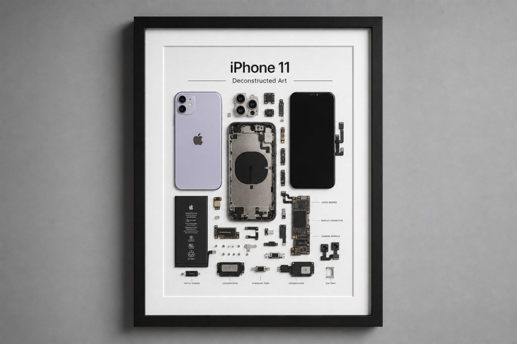 iPhone 11 Teardown Çerçeve Tablo — gerçek iPhone parçalarından el yapımı duvar tablosu