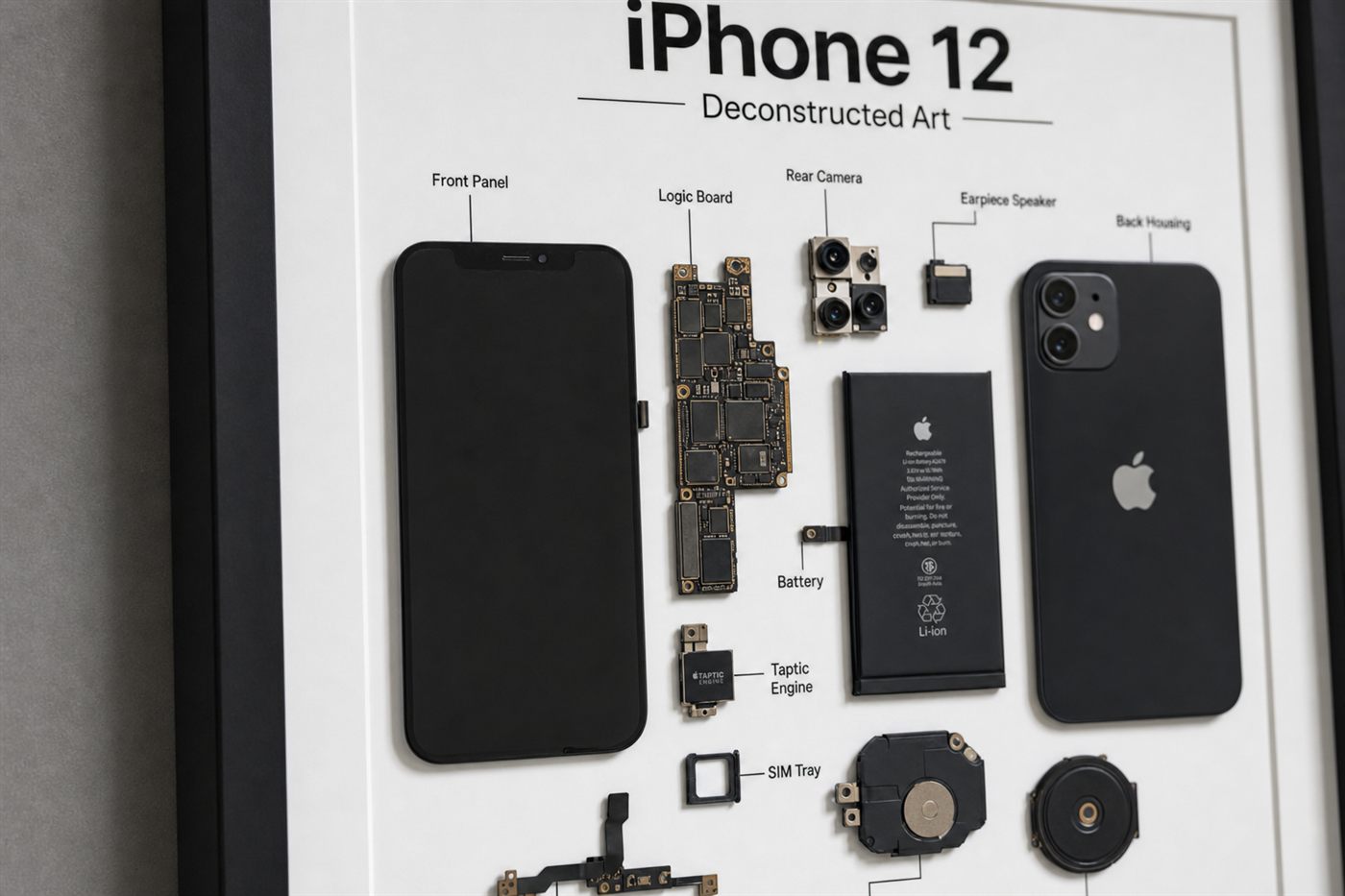 iPhone 12 Teardown Çerçeve Tablo — Yakın Çekim iPhone 12 Teardown Çerçeve Tablo — Yakın