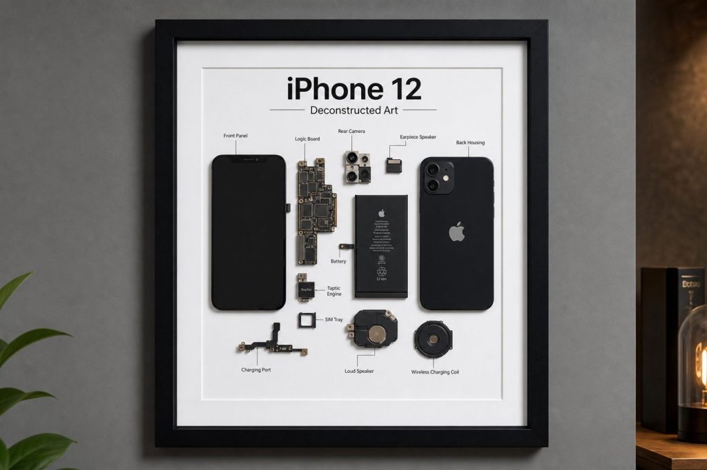 iPhone 12 Teardown Çerçeve Tablo — gerçek iPhone parçalarından el yapımı duvar tablosu