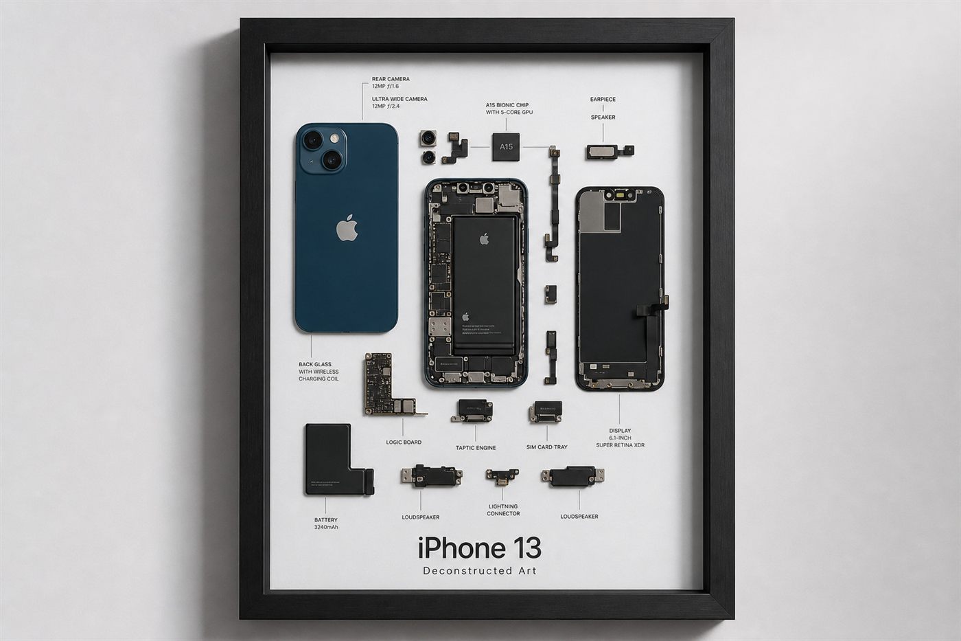 iPhone 13 Teardown Çerçeve parçalarından el yapımı duvar tablosu
