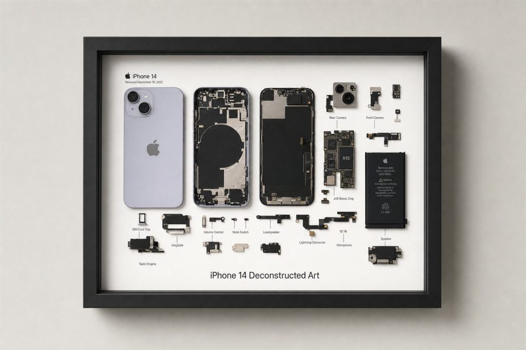 iPhone 14 Teardown Çerçeve Tablo — gerçek iPhone parçalarından el yapımı duvar tablosu