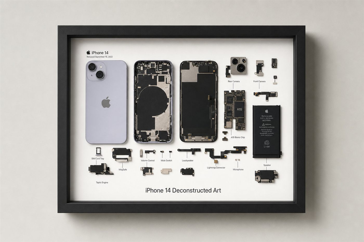 iPhone 14 Teardown Çerçeve parçalarından el yapımı duvar tablosu