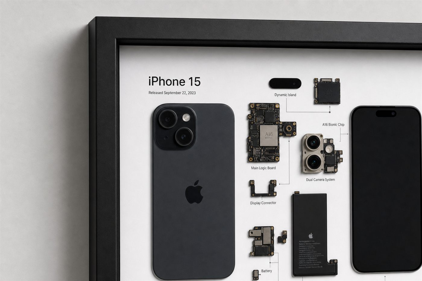iPhone 15 Teardown Çerçeve Tablo — Yakın