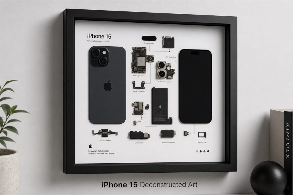 iPhone 15 Teardown Çerçeve Tablo — gerçek iPhone parçalarından el yapımı duvar tablosu