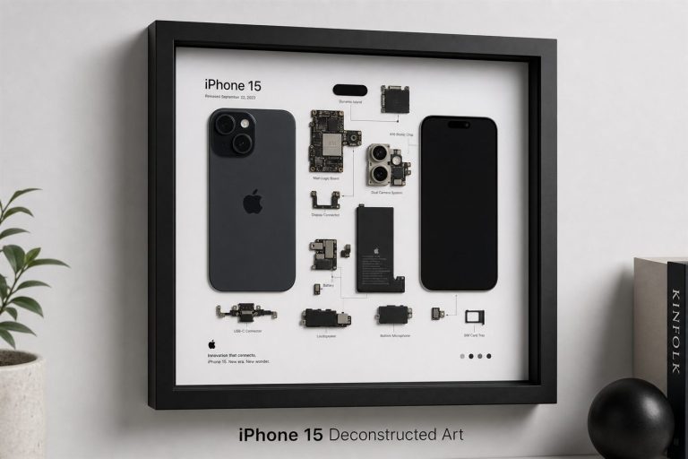 Doğum günü teknolojik hediye — iPhone 15 teardown parçalarından çerçeveli hediye tablosu