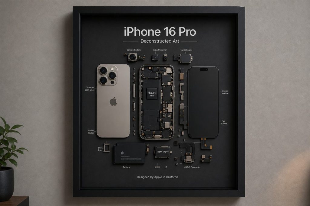 iPhone 16 Pro Teardown Çerçeve Tablo — gerçek iPhone parçalarından el yapımı duvar tablosu