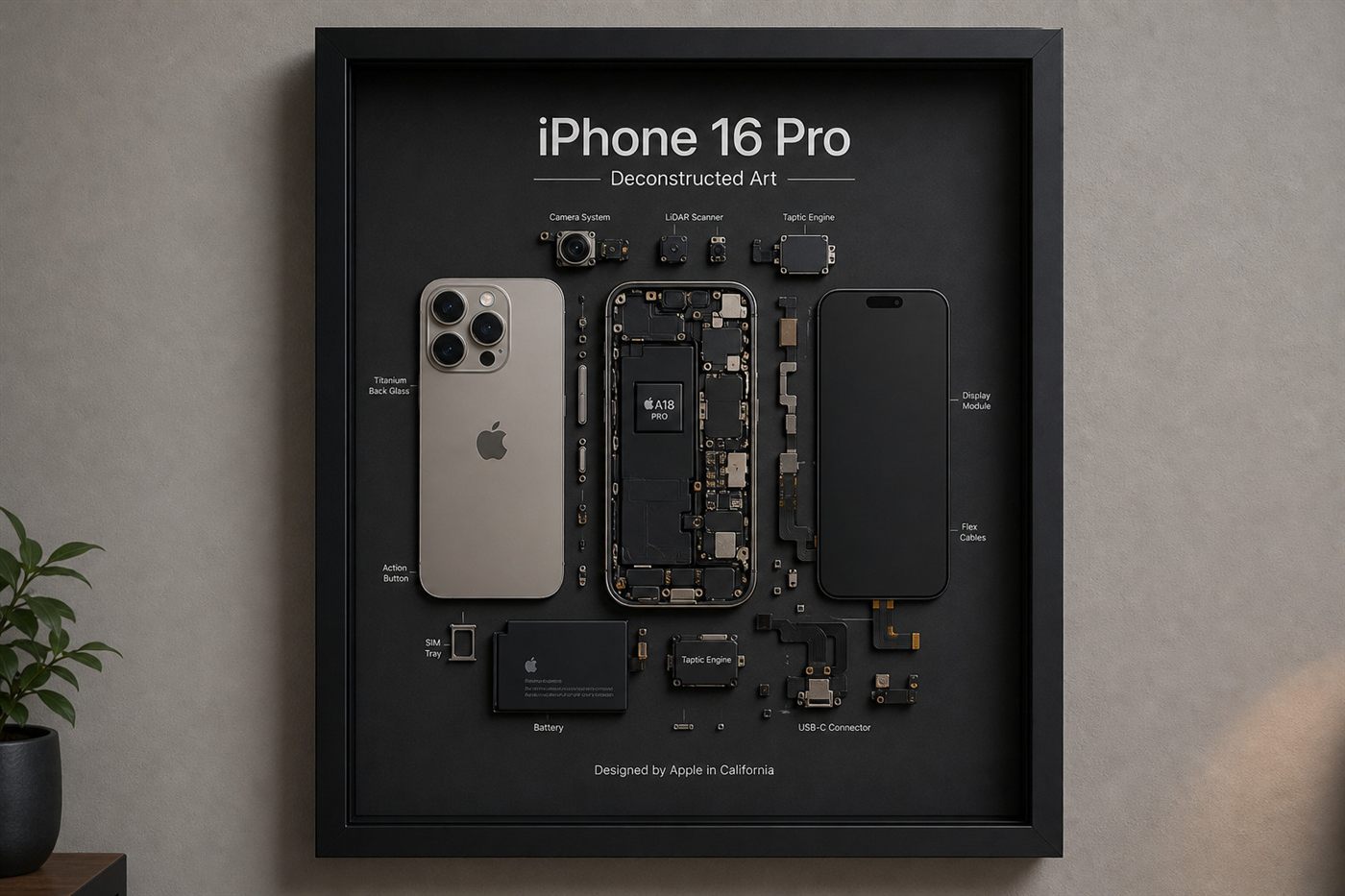 iPhone 16 Pro Teardown Çerçeve Tablo — Ana iPhone 16 Pro Teardown Çerçeve parçalarından el yapımı duvar tablosu