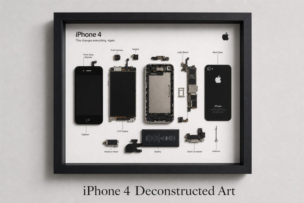 iPhone 4 Teardown Çerçeve Tablo — gerçek iPhone parçalarından el yapımı duvar tablosu