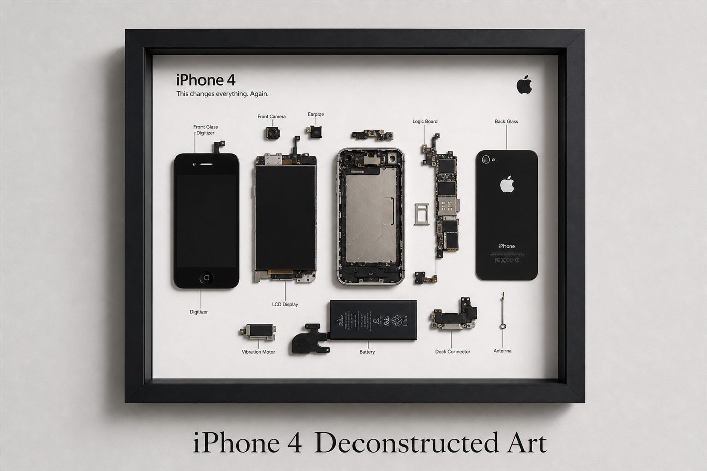 iPhone 4 Teardown Çerçeve Tablo — Ana iPhone 4 Teardown Çerçeve parçalarından el yapımı duvar tablosu