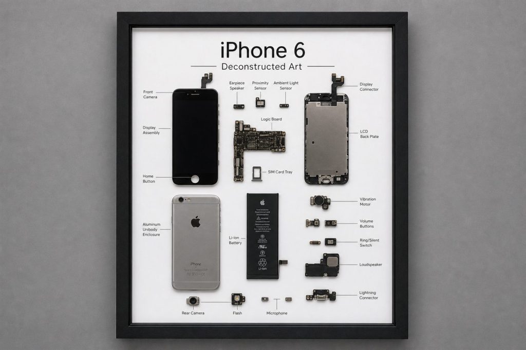 iPhone 6 Teardown Çerçeve Tablo — gerçek iPhone parçalarından el yapımı duvar tablosu