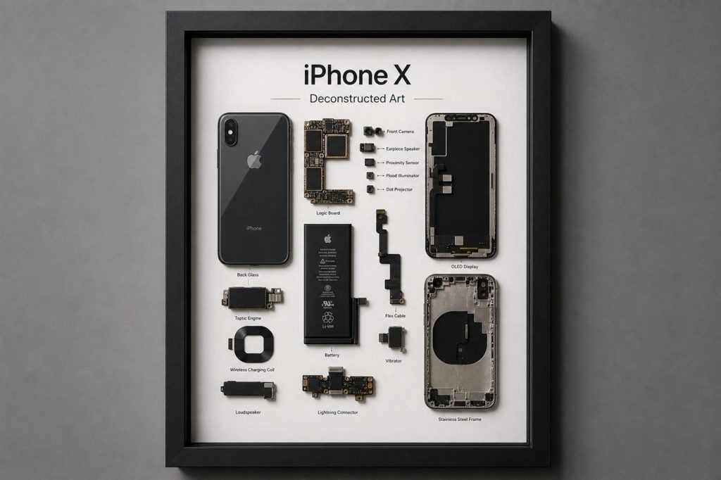 iPhone X Teardown Çerçeve Tablo — gerçek iPhone parçalarından el yapımı duvar tablosu