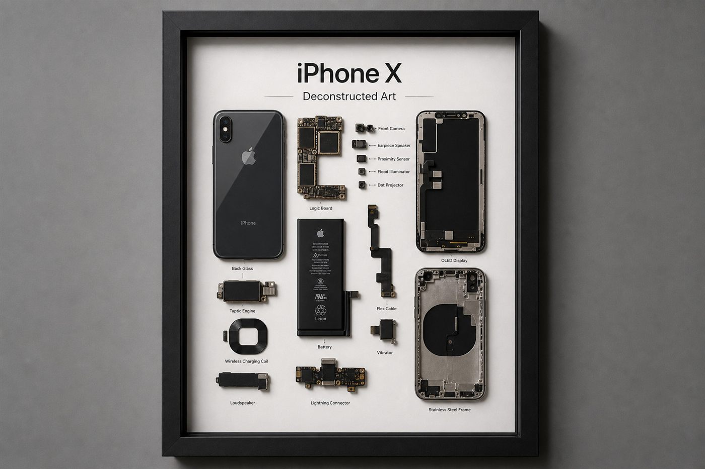 iPhone X Teardown Çerçeve parçalarından el yapımı duvar tablosu
