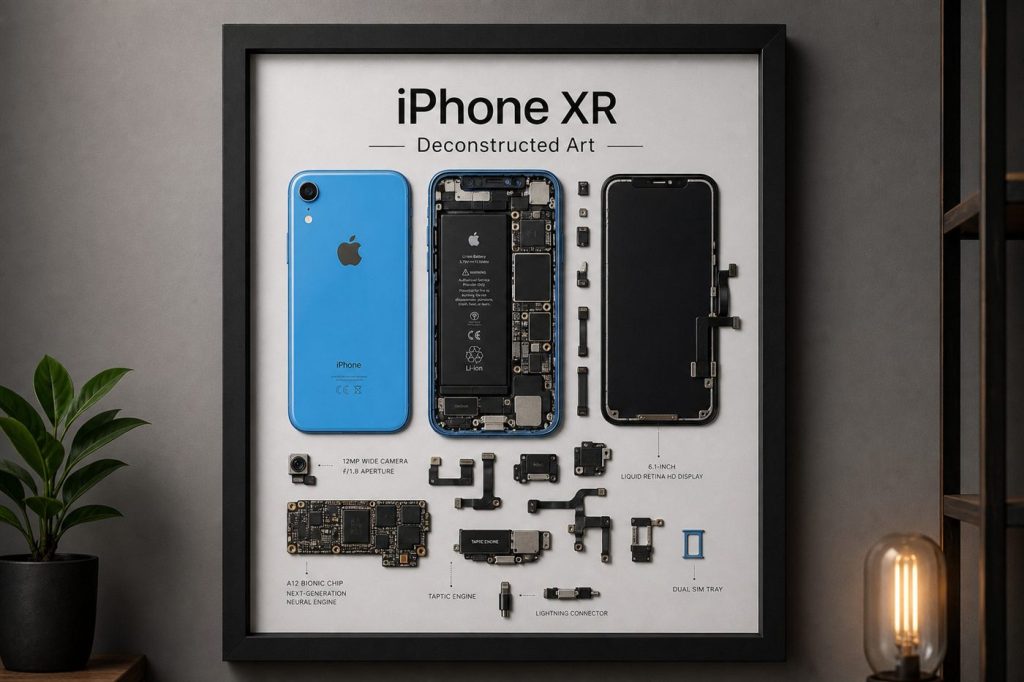 iPhone XR Teardown Çerçeve Tablo — gerçek iPhone parçalarından el yapımı duvar tablosu