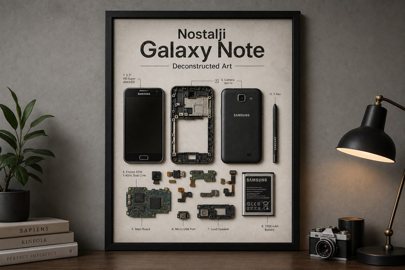 Nostalji Galaxy Note 1 parçalarından el yapımı duvar tablosu