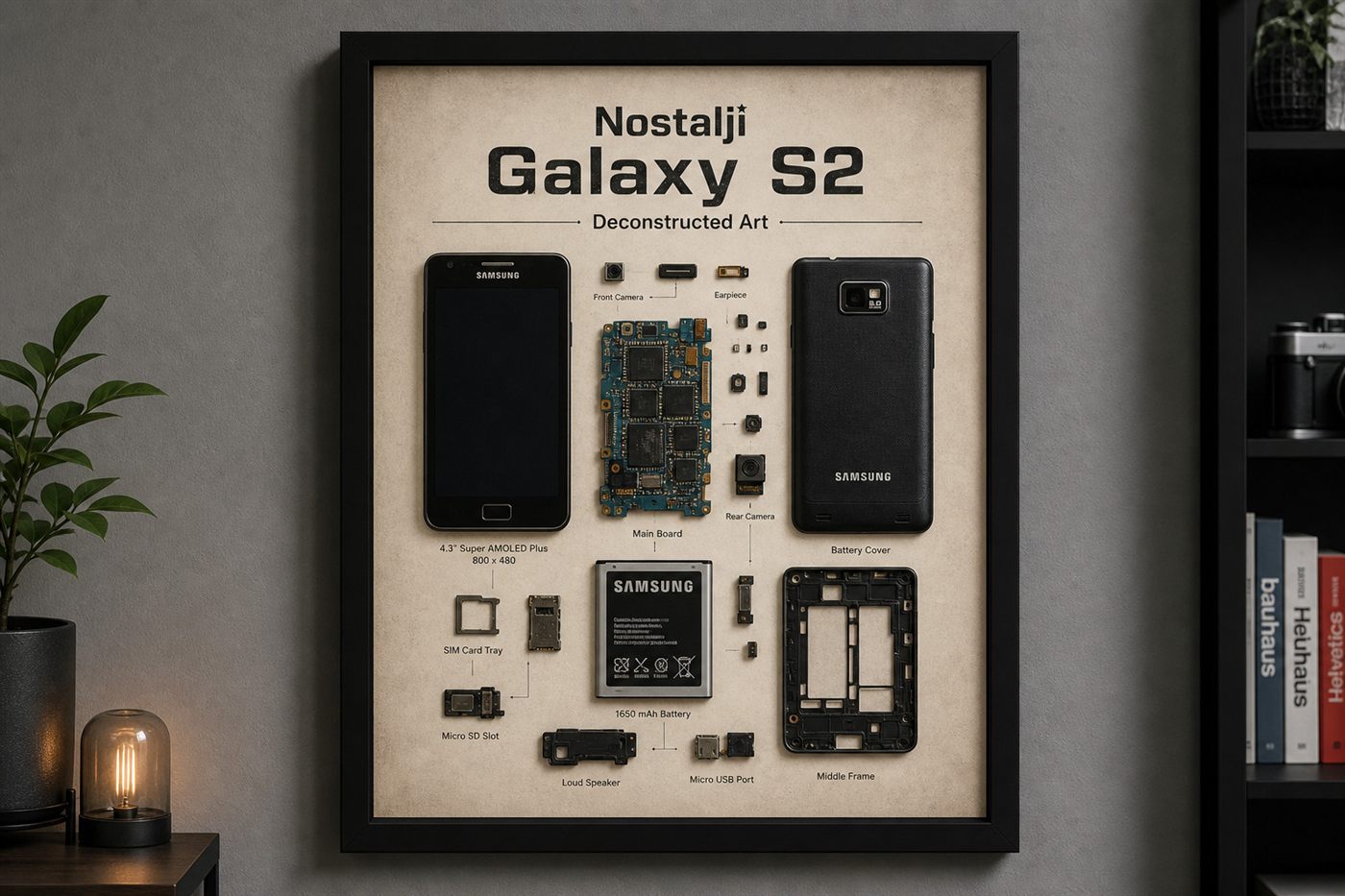 Nostalji Galaxy S2 parçalarından el yapımı duvar tablosu