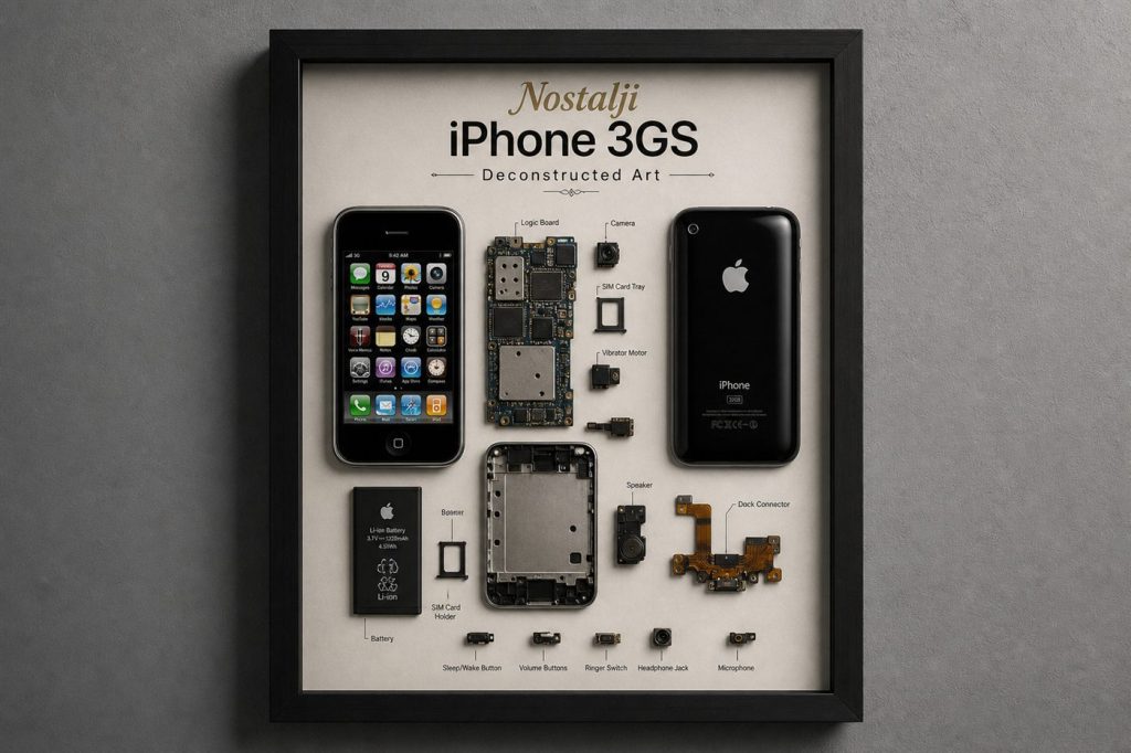Nostalji iPhone 3GS Teardown — gerçek iPhone parçalarından el yapımı duvar tablosu