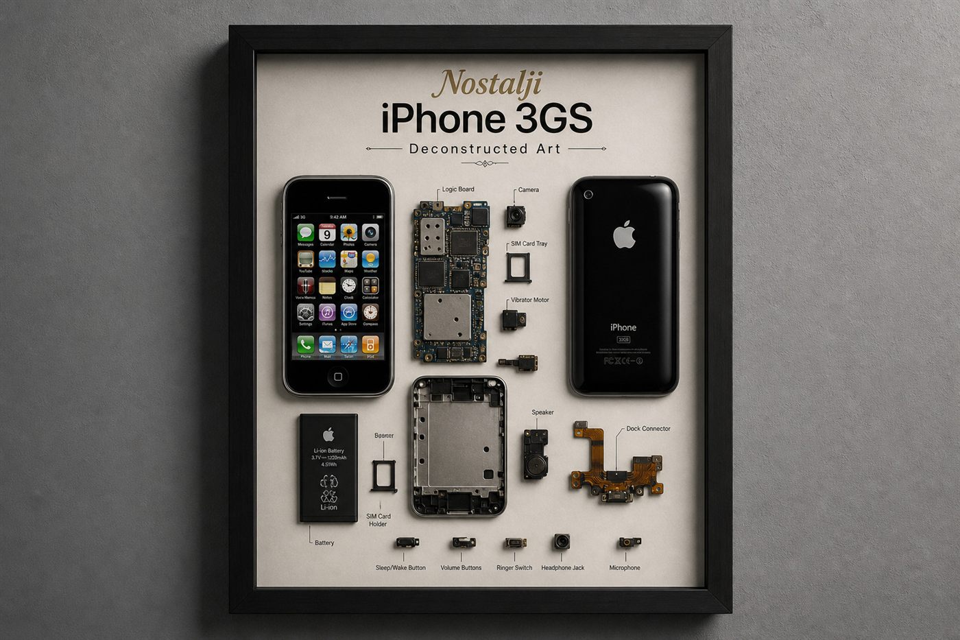 iPhone 3GS teardown — nostalji modelin söküm iç yapısından çerçeveli tablo