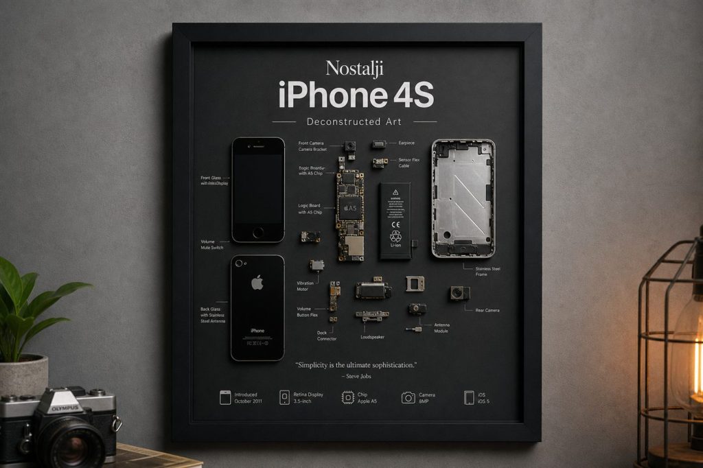 Nostalji iPhone 4S Teardown — gerçek iPhone parçalarından el yapımı duvar tablosu