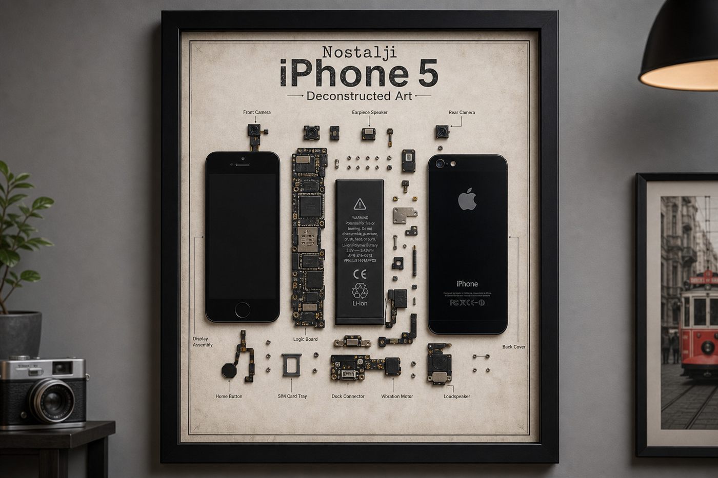 Nostalji iPhone 5 Teardown — Ana Nostalji iPhone 5 parçalarından el yapımı duvar tablosu