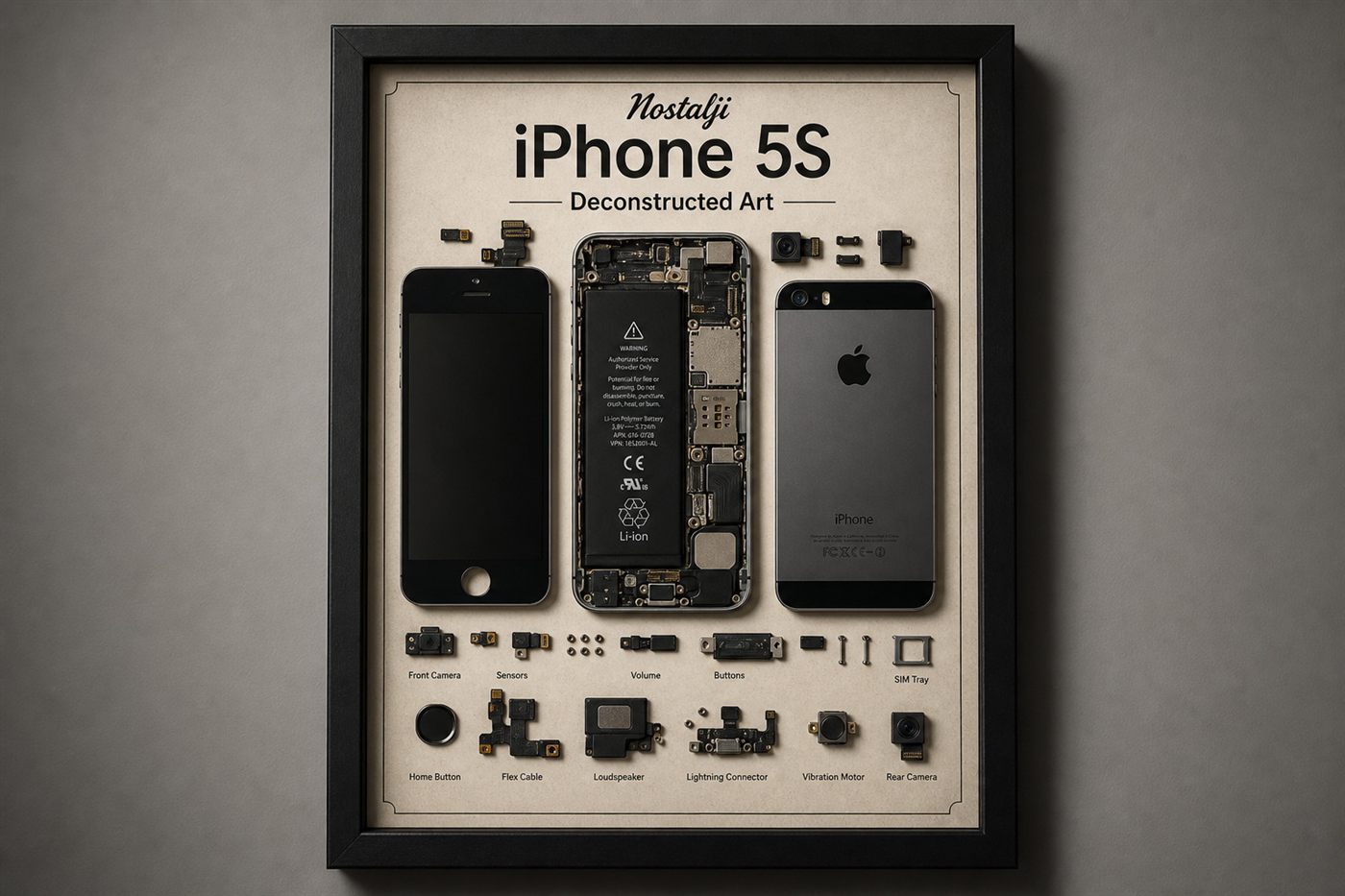 Nostalji iPhone 5s çerçeve — retro modelin parçalarından çerçeveli tablo