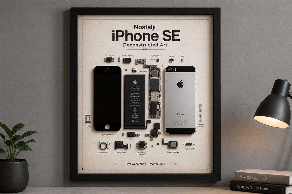 Nostalji iPhone SE Teardown — gerçek iPhone parçalarından el yapımı duvar tablosu