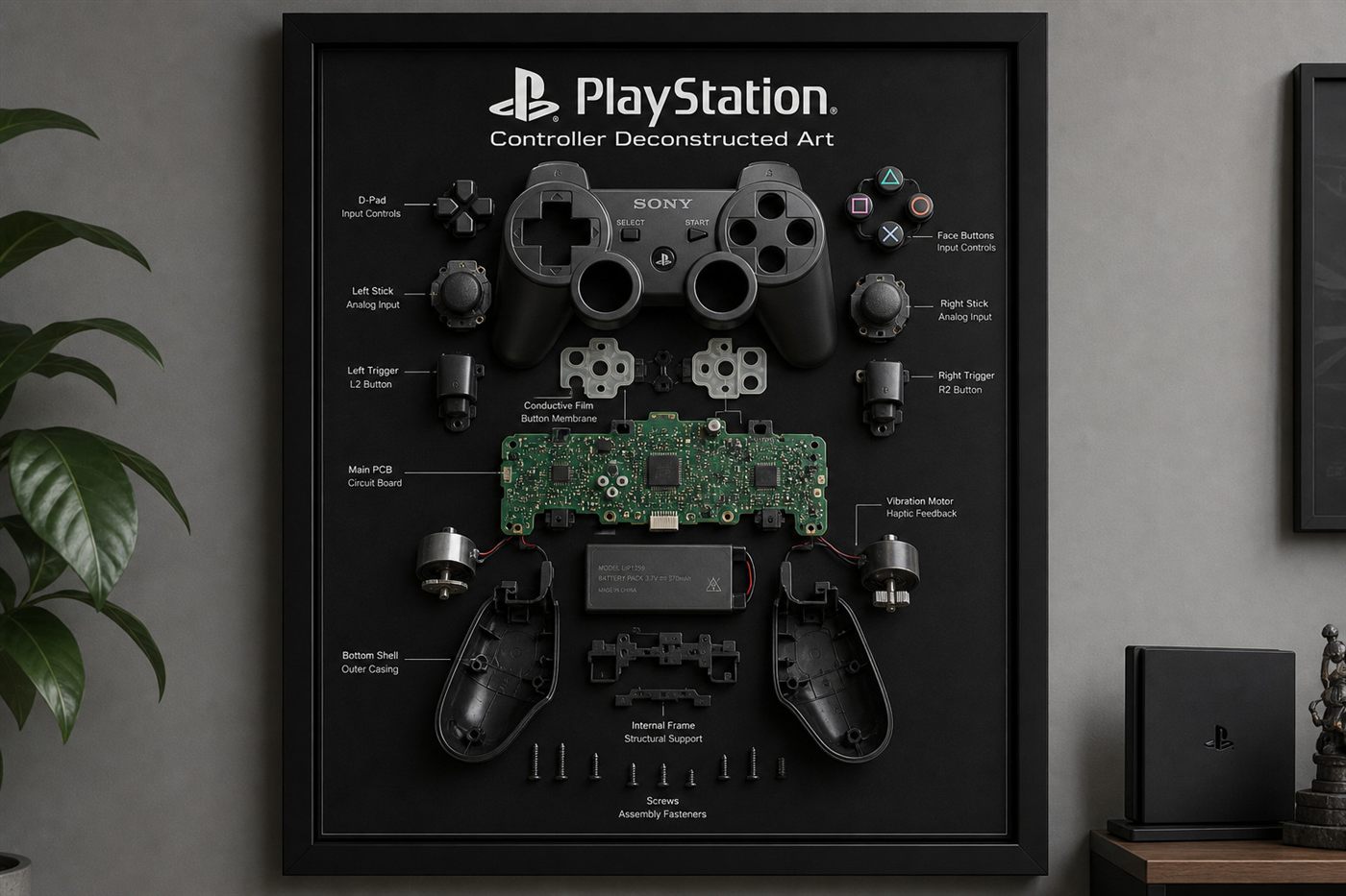 PlayStation kumandası parçalarından teknolojik hediye oyun odası dekoru