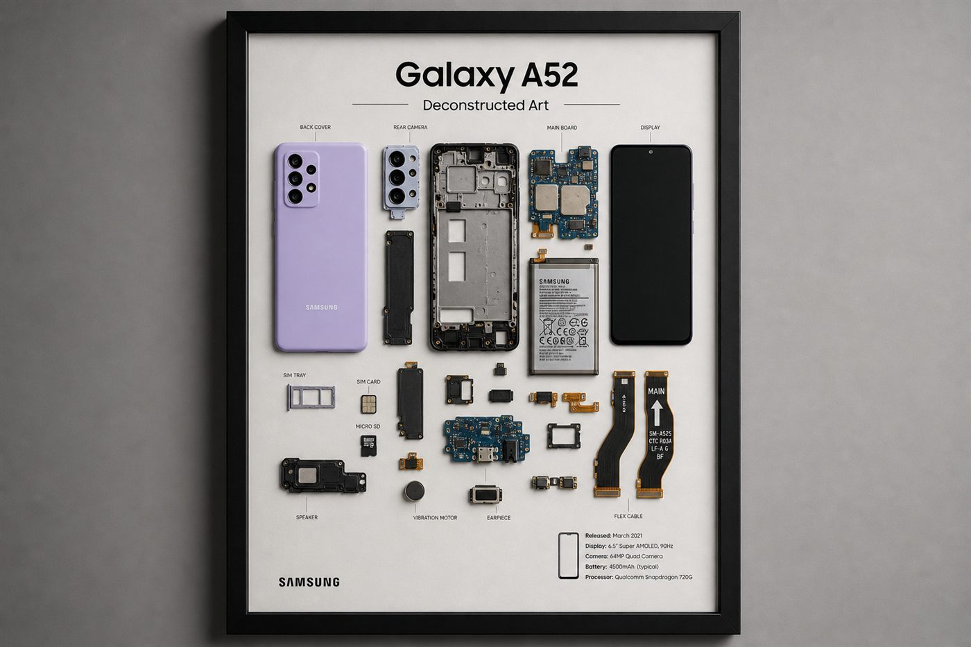 Samsung Galaxy A52 Teardown parçalarından el yapımı duvar tablosu